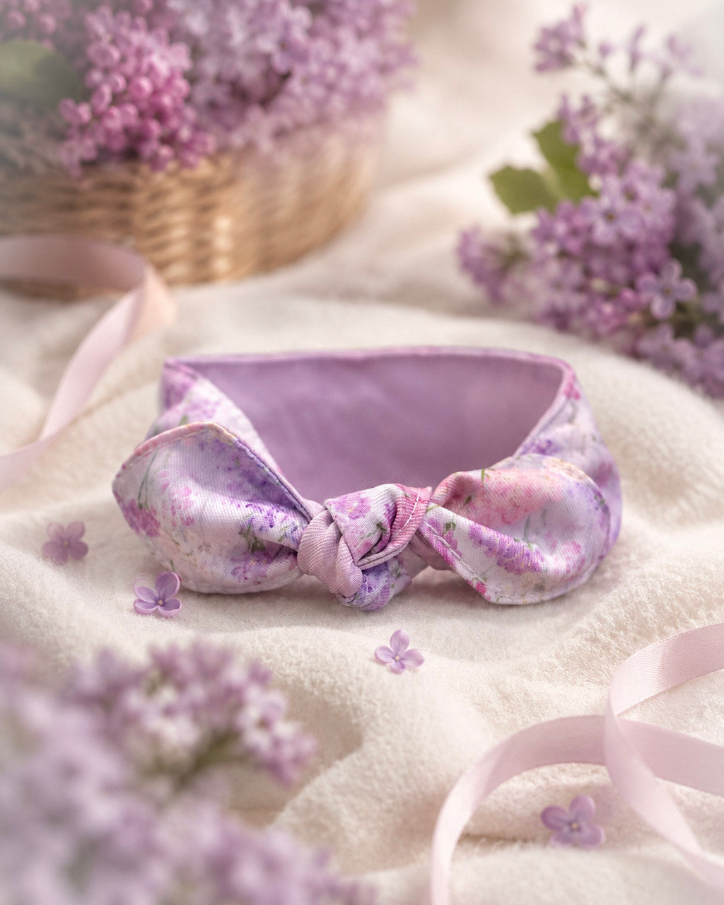 A satin bow headband in a lavender and purple floral print, styled on a soft cream fabric with scattered lilac flowers and a pink ribbon.
