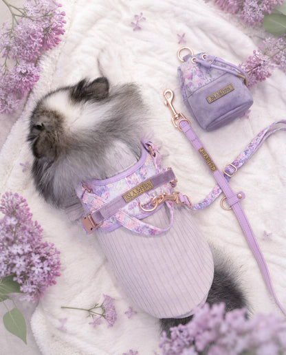 A fluffy gray and white dog lies on a white blanket surrounded by purple flowers, wearing a pastel lavender pet harness and leash set with a matching small pouch. The brand name 'SAROOO' is visible on the hardware and pouch.